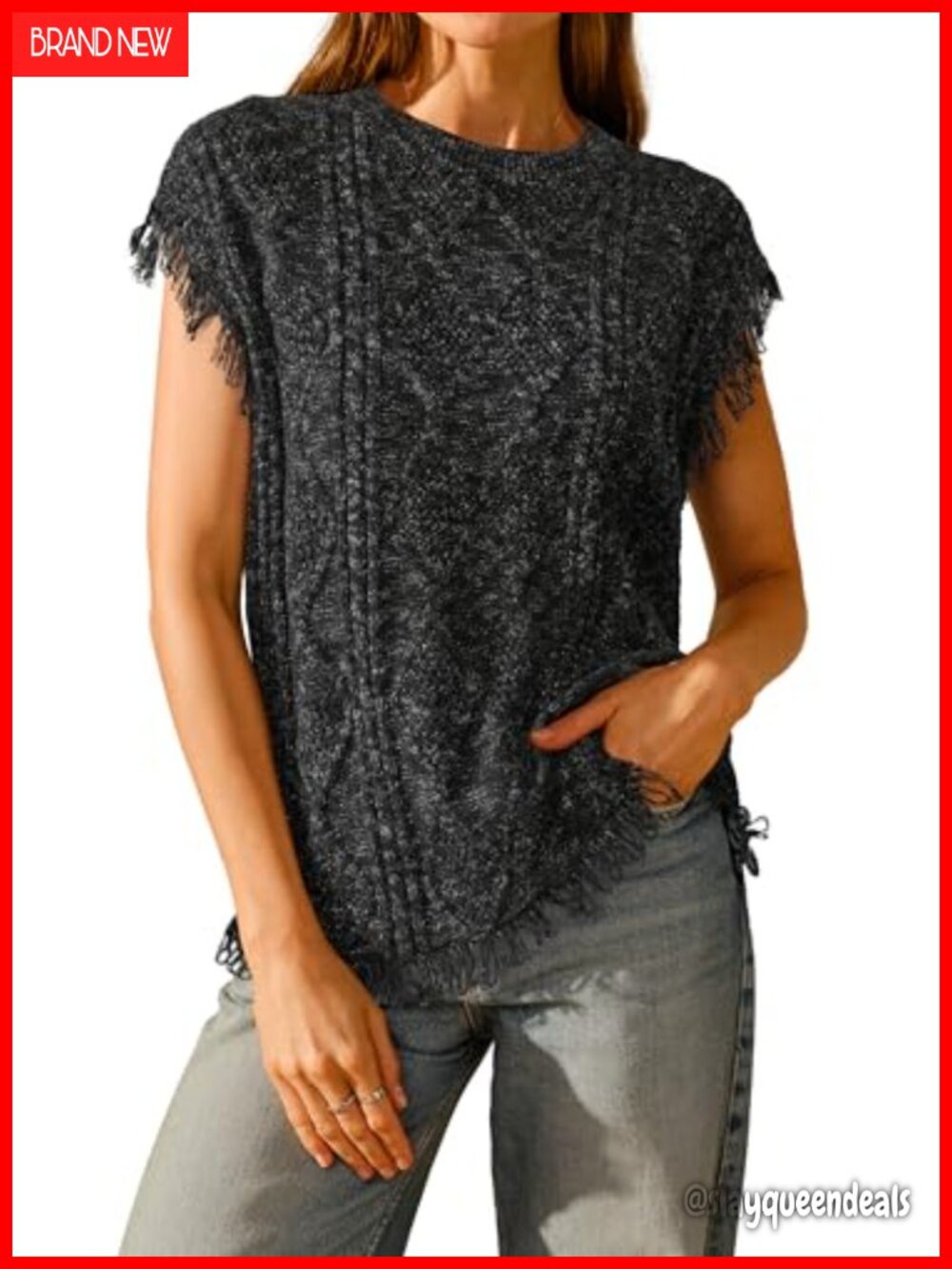 Cotton Blend Cable Knit Fringe Sweater Vest Crew Neck Western